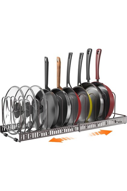 Expandable Pot and Pan Organizer Rack with Adjustable Dividers, Heavy Duty Cookware Storage Holder