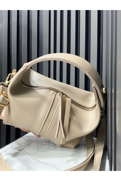 Beige Color Women's Long Strap Dress with Gold Detail on the Hand and Shoulder Bag