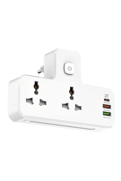 3-in-1 power extender, 20W USB-C PD port, 2 USB-A QC3.0 ports, 2 universal sockets
