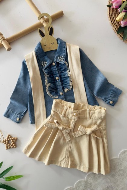 My Little Girl's Pearl Detailed Denim Shirt and P Pleated Skirt 2-Piece Girl Set - Cream