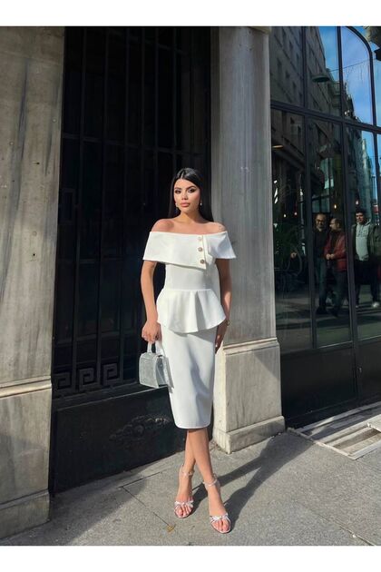 maf collection Women's White Madonna Collar Gold Button Detail Midi Length  Evening Dress Graduation Dress- Trendyol