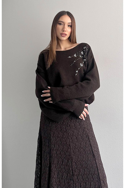 Stone-Embellished Shoulder Sweater
