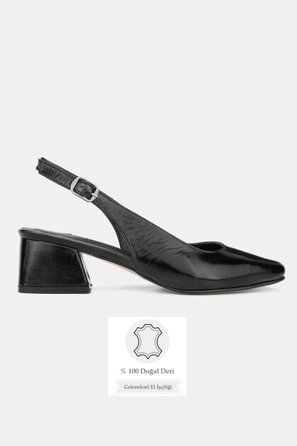 Women's Black Patent Leather Genuine Natural Leather Leather -43 Size Open Back Heel Shoes