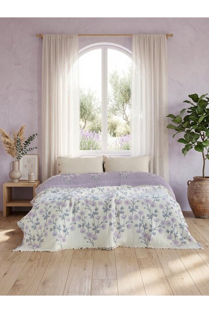 Reversible , Floral Print , 5-Layer Muslin Set of Bedspread Pieces, 220 X 240 Cm, 2 Pieces of Pillow Pieces Each