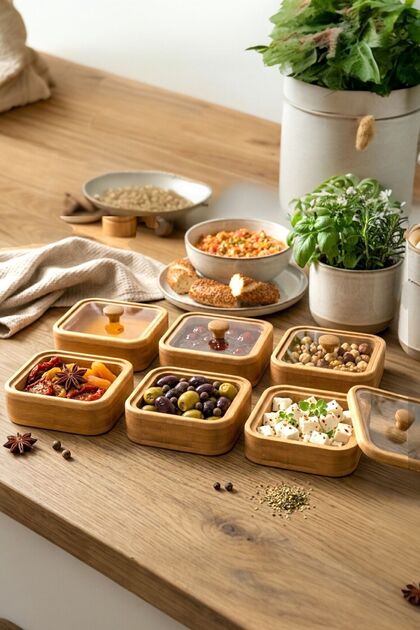 Natural Bamboo Luxury 6-Piece Breakfast & Presentation Set with Lid Design Snack Bowl