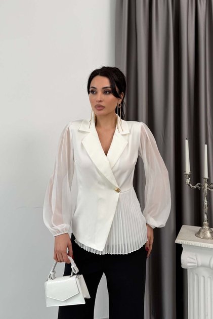 Ecru Tulle Sleeve Pleated Double-Breasted Collar Jacket Blouse