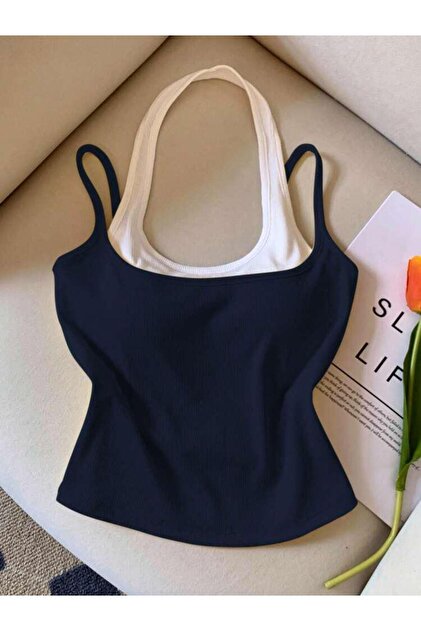 Women's Halter Neck Double Color Strap Crop Blouse