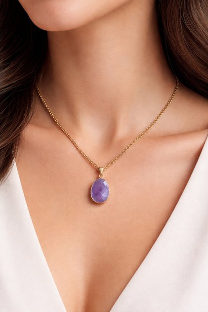 Natural Amethyst Necklace, Minimal Women's Necklace with Purple Stone and Gold Color Steel Chain