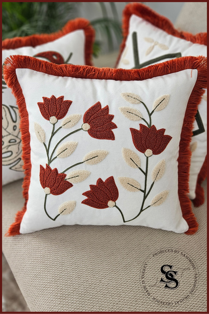 Beauty Flowers Punch Embroidered Patterned Linen Cushion Cover