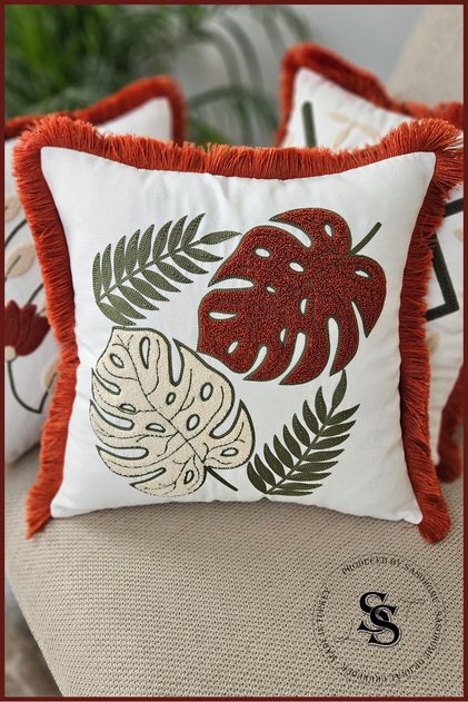 Beauty Flowers Punch Embroidered Patterned Linen Cushion Cover