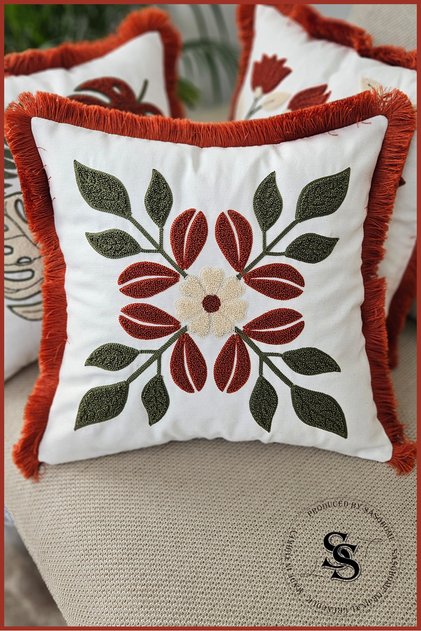Beauty Flowers Punch Embroidered Patterned Linen Cushion Cover