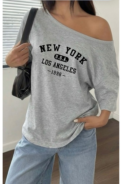 New York Usa Los Angeles Printed Oversized Women's Boat Neck T-Shirt