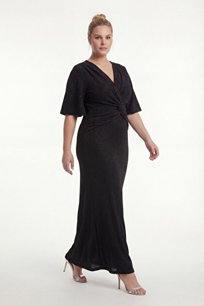 Lafaba Women's Black V-Neck Short Sleeve Plus Size Long Evening Dress-  Trendyol