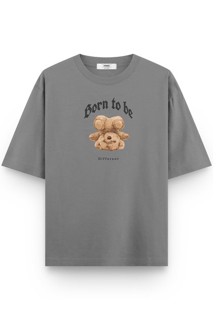 Teddy Bear Born to Be Different Printed Half Oversized Gray T-Shirt 1095
