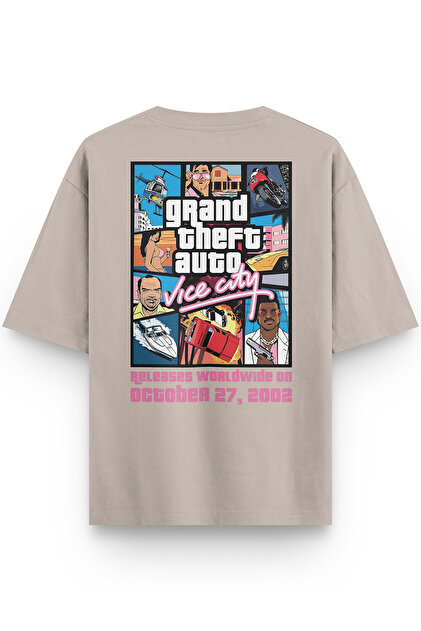 Gta Vice City Sırt Printed Semi Oversized Stone Color T-Shirt 1314