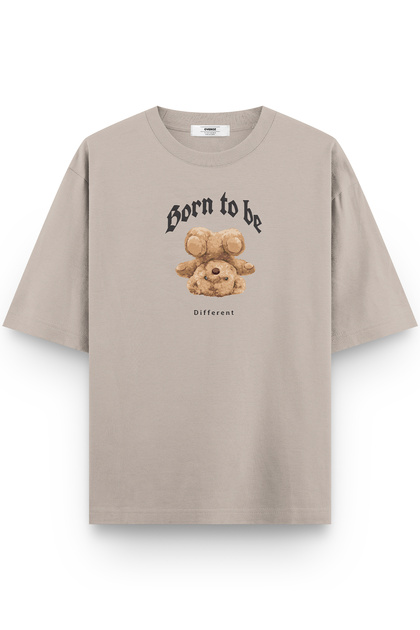 Teddy Bear Born to Be Different Printed Half Oversized Stone Color T-Shirt 1095