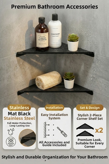 Set of 2 Black Bathroom Corner Shelves Metal | 27X14 cm | Shower Organizer | Matte Black Metal | Stainless