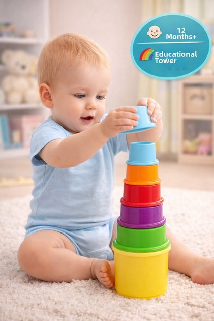 Baby Educational Cup Tower Game 12 Months+ Colorful Snap-On Fun Tower Toy