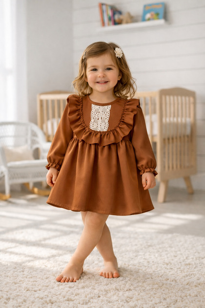 Vintage Crepe Design Girl's Baby Brown Dress with Ruffle and Lace Details