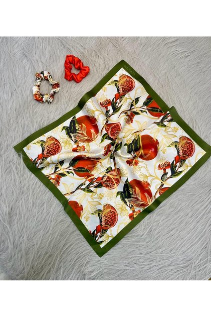 Women's Digital Printed Pomegranate Scarf & Bagel Buckle Set – 1 Scarf (48×48 cm) + 2 Bagel Buckles