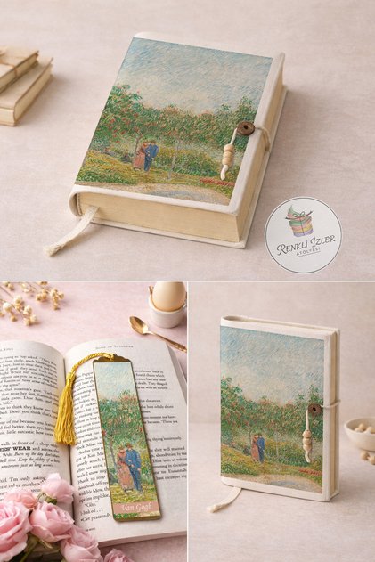 Kitap Kılıfı ve Metal Kitap Ayracı Seti (Van Gogh Flörtleşen Çiftler Bahçesi)