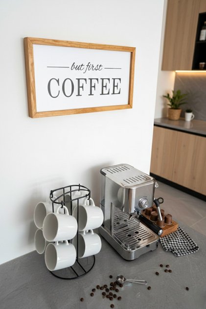 Kahve Köşesi But First Coffee Ahşap Çerçeveli Tablo