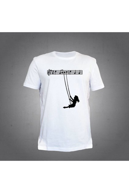 Unisex White Girl Swinging in Notes Printed T-shirt