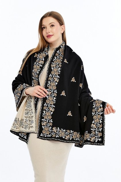 Rose Pattern Black-Camel-Bone, Battal Shoulder Shawl, Knitwear Shoulder Shawl, Shawl, Women, Young, Mother Shawl, 75X180Cm