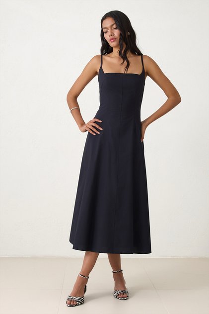 Rochie neagră cu croială îngustă, cu bumbac 100% bretele, cu croială îngustă, lungime midi
