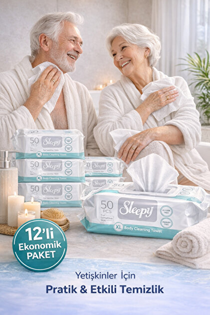 Sleepy Hasta Vücut Temizleme Islak Mendil Havlu 50 Yaprak XL 12 Li