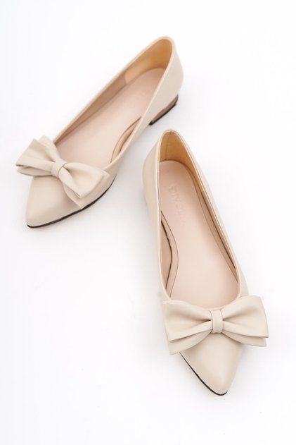 Naom Beige Διπλό Φιόγκο Κοντό Τακούνι (1,5 εκ.) Μυτερή Μύτη Καθημερινές Μπαλαρίνες