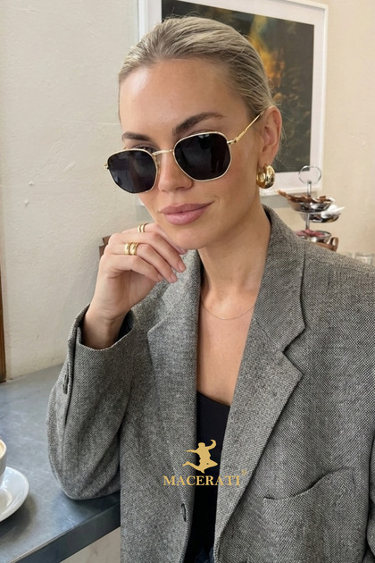 Gold Metal Framed Pentagonal Flat Glass Unisex Sunglasses