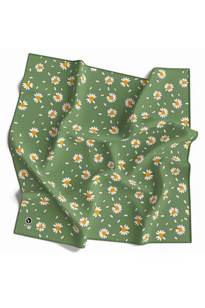 Twill Papatya Desenli Koyu Mint Yeşili Renkli 90x90 Eşarp (İpek İçermez) Kenar Dikiş Şekli El Dikişl