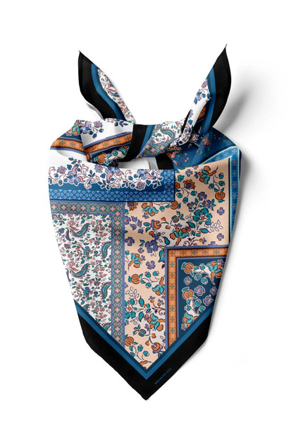E114 Kadın Patchwork Desenli Bandana 50x50 Mavi DG0211-22