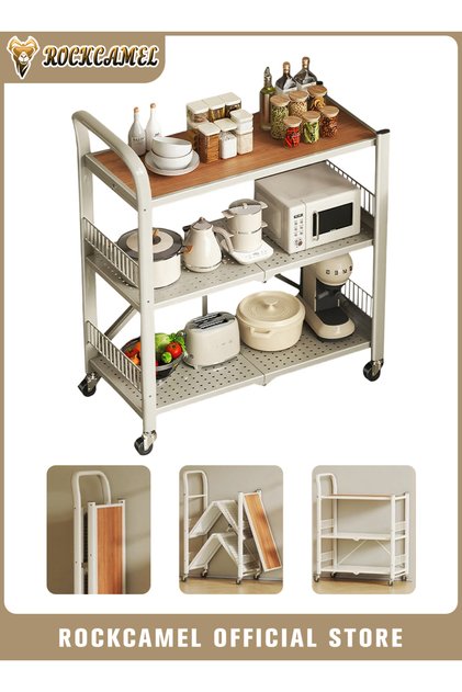 3-Tier Foldable Storage Rack with Handle, Kitchen Storage Shelves, Metal Shelving Units