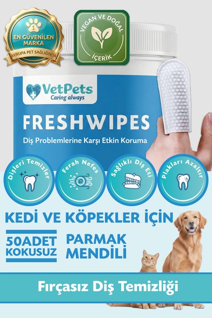 FreshWipes | Ağız Kokusu ve Plak Oluşumuna Karşı | Parmak Mendili | Kedi ve Köpek | 50 Adet
