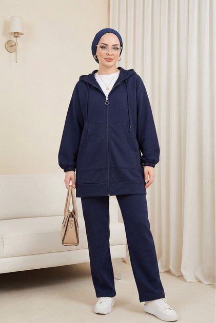 Zippered Hooded Combed Cotton Set -K.Laci