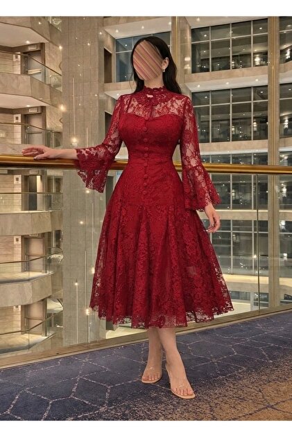 Razan Fashion Elegant evening dress in a luxurious burgundy color, made  from fine Lace fabric / Razan Fashion /RED /RED- Trendyol
