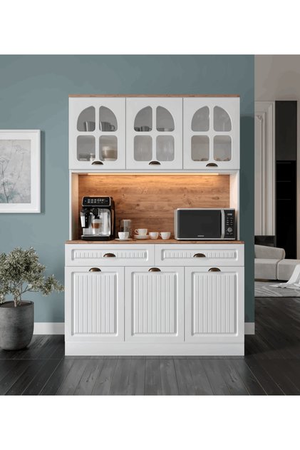 Efes Kahve Köşesi - 140 cm MDF, LED Aydınlatmalı, Çok Amaçlı Mutfak ve Airfryer Dolabı (Ofis ve Ev)