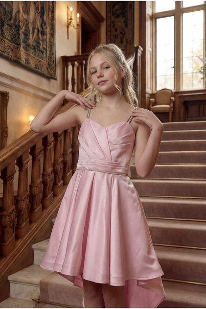 Girls' Evening Dress Pink Stone Cord Strap Heart Collar Clup Satin Tail Evening Dress 9-16 Years