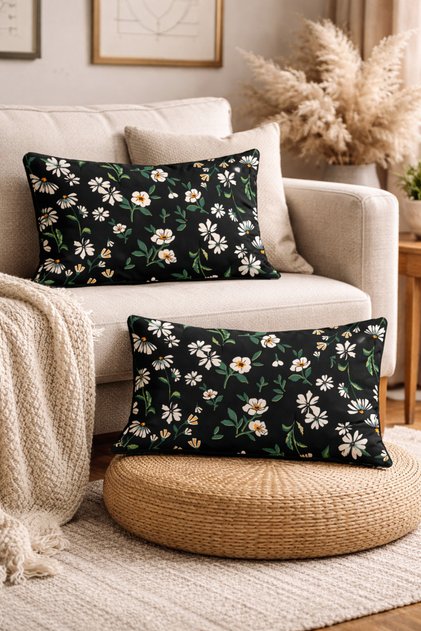 White Spring Daisies Patterned 2-Piece Rectangle Throw Pillow Cover