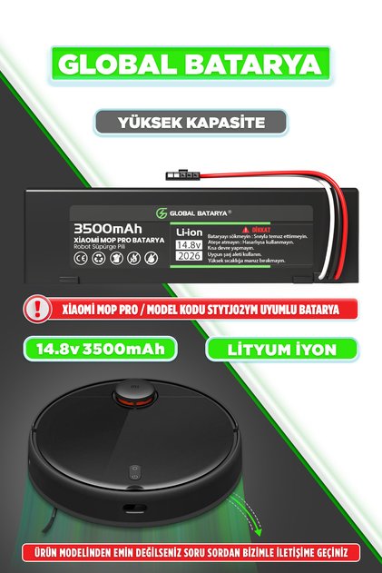 Xiaomi Mi Vacuum Mop Pro Uyumlu Akıllı Robot Süpürge Bataryası 14.8v 3500mah Li-ion Pil (YÜKSEK KAPASİTE)