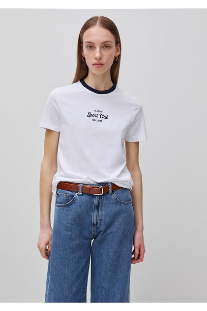 Women's White Cotton Blend Embroidered Crew Neck T-Shirt