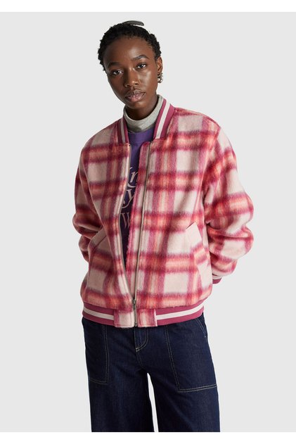 Women's Red Plaid Wool and Viscose Blend Patterned Zippered Jacket