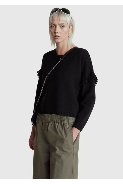 Women's Black Wool Blend Rib Detailed Crew Neck Sweater