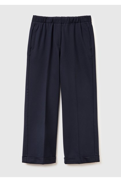 Women's Navy Blue Viscose Blended Elastic Waist Curled Leg Trousers