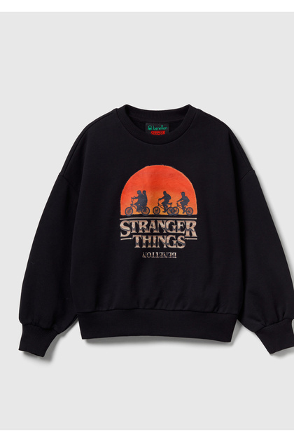 Girl's black 100% cotton oversized stranger things front print sweatshirt