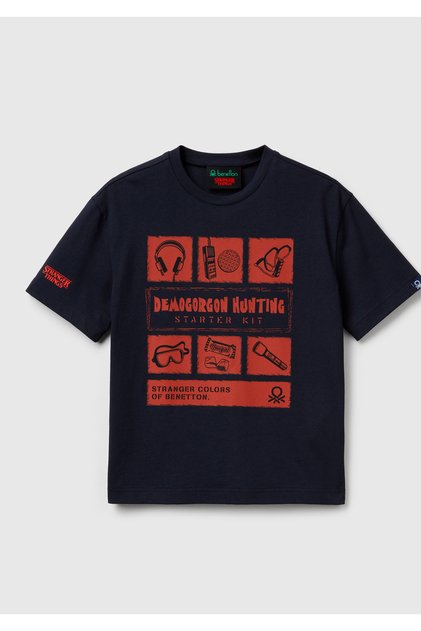 Boy's Navy Blue 100% Cotton Stranger Things Pre Printed Short Sleeve T-Shirt
