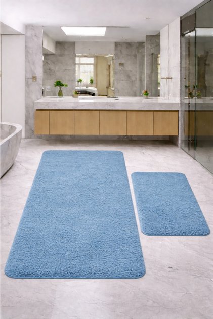 Lunasoft Blue Large Size Non-Slip Soft Machine Washable Washable Double Modern Bathroom Mat Set