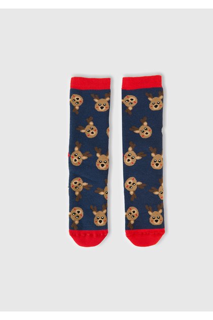 Boy's Navy Blue-Red Patterned Booties Socks